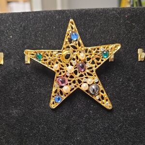Gold Star Brooch with Multicolor Gemstones